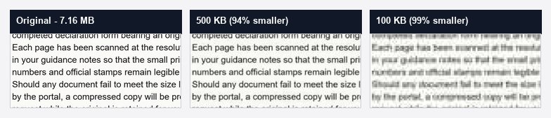 A scanned letter shown at original quality, compressed to 500KB and compressed to 100KB